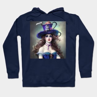 Victorian steampunk woman big hat in blue. Hoodie